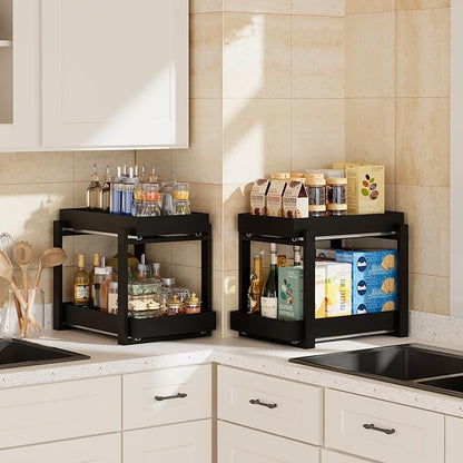 2 Pack Under Sink Organizer, Bamboo Wooden 2-Tier Pull-Out Storage with Sliding Drawers for Kitchen and Bathroom Cabinets, Easy Installation (Black, 1 pack)