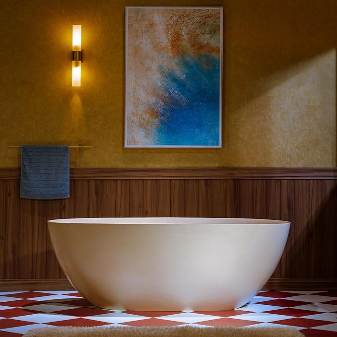 WOODBRIDGE 61-1/4" L x 30-3/4" W Stone Resin Luxury Contemporary Solid Surface Freestanding Soaking Bathtub in Cream with Two Drain Covers Included