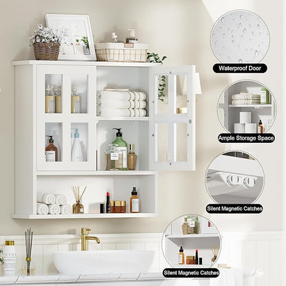 Modern Hanging Bathroom Cabinet, Sturdy Wooden Medicine Cabinet with Buffering Hinge & Anti-Scratch Door, Space-Saving Wall Mounted Over Toilet (Cross-Panel Door)