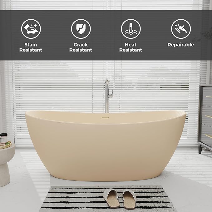 SJ STAR&JANE 65" Solid Surface Freestanding Bathtub Stone Resin Soaking Tub Milk Coffee Double Slippers Stand Alone Oval Tub with Pop-up Drain and Overflow for Bathroom