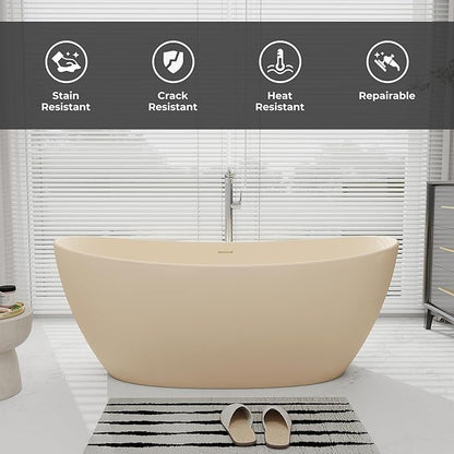 SJ STAR&JANE 65" Solid Surface Freestanding Bathtub Stone Resin Soaking Tub Milk Coffee Double Slippers Stand Alone Oval Tub with Pop-up Drain and Overflow for Bathroom