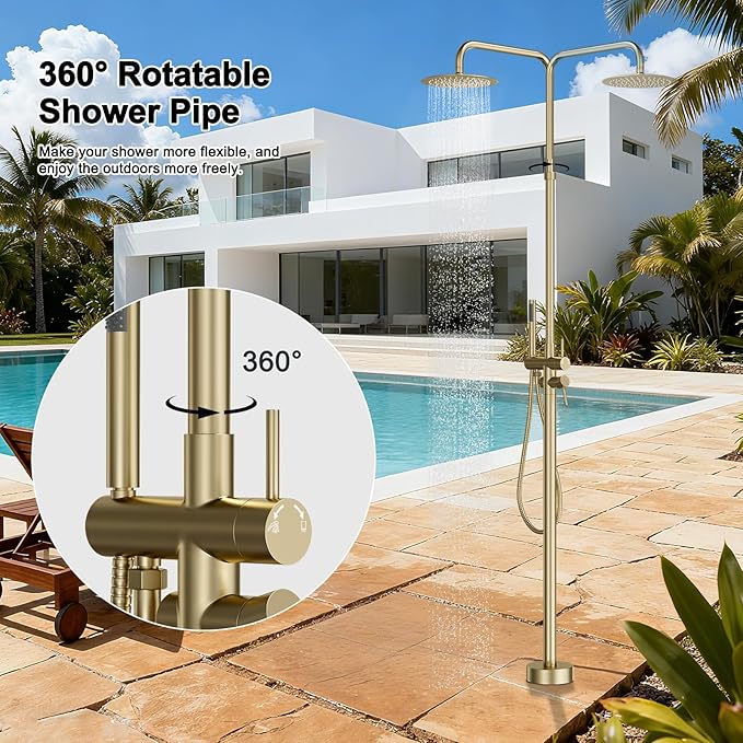 RBROHANT Freestanding Outdoor Shower Gold, Height Adjustable Stainless Steel Outdoor Showers for Backyard Garden Pool Beach, Stand Alone Outdoor Shower Hot and Cold Water, Brushed Gold, JK0456