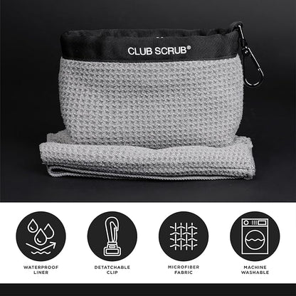 Club Scrub Towel Pro, Golf Club and Ball Cleaning Pouch with Attached Towel, Waterproof Exterior, Clean Face Technology Liner, Machine Washable, Cleans Club Grooves, Waffle-Weave Microfiber