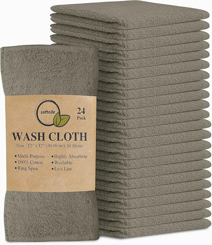 Softolle 100% Cotton Washcloths 24 Pack (12x12 Inches) Soft, Highly Absorbent Washcloth, Face Towels, Wash Cloths for Face, Ring Spun, Bulk Pack (Taupe)