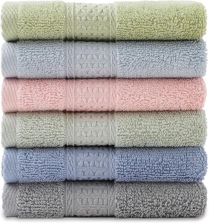 6 Pack 100% Cotton Washcloths Set, Highly Absorbent and Soft Feel Fingertip Towels, 13 x 13 in Quick Dry Face Cloths
