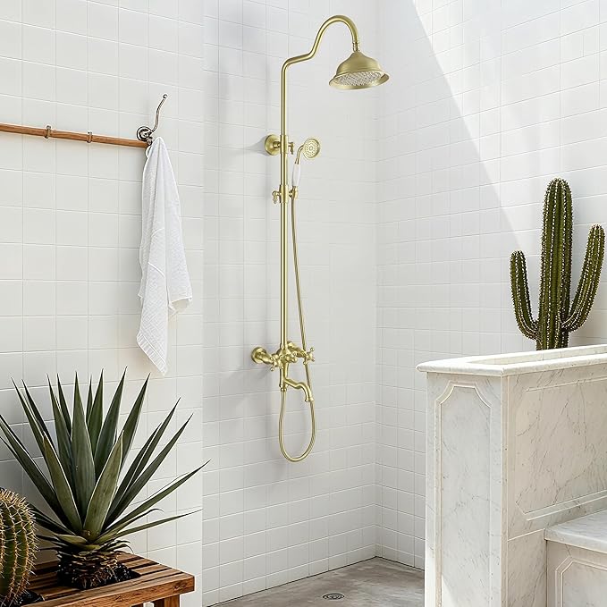 Exposed Shower System Brushed Gold,Antique Brass Shower Faucet Set with 8 Inches Rainfall Shower Head Vintage,Outdoor Shower Fixture with Foldable Tub Spout