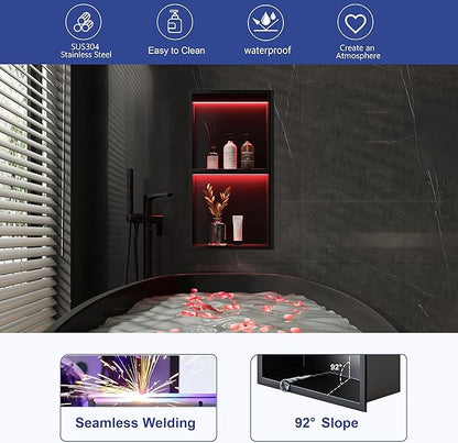 2-Tiers 12x24 Shower Niche, RGB LED Light Strips, Matte Black Wall Cabinet Shlef, Stainless Steel NO Tile Needed Recessed Wall Niche for Bathroom Storage Organizer