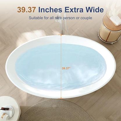 SJ STAR&JANE 67" x 39" Matte White Solid Surface Freestanding Bathtub, Oval Soaking Extra Wide Tub with Overflow and Pop-up Drain for Bathroom