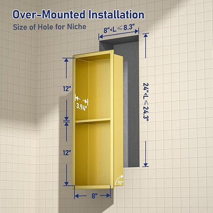 Stainless Steel Shower Niche 8"×24" Gold Double Shelf No Tiled Needed Niche Shower for Bathroom Wall Recessed Bathroom Shelf for Storage