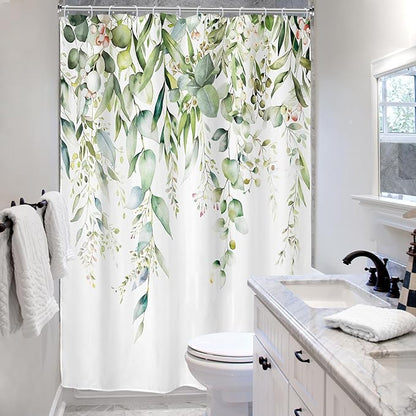 Riyidecor Extra Long Eucalyptus Leaves Shower Curtain for Bathroom Decor 72Wx96H Sage Green Botanical Plants Spring Leaf Floral Herbs Art Printed Fabric Polyester Waterproof 12 Pack Plastic
