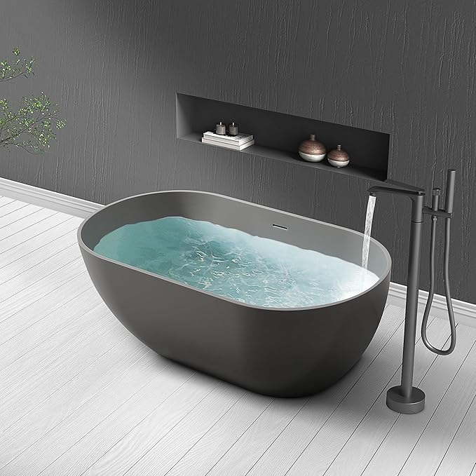 SJ STAR&JANE 59" Solid Surface Freestanding Bathtub Oval Stone Resin Soaking Tub Modern Stand Alone Tub with Overflow & Pop-up Drain for Bathrooms Dark Gray