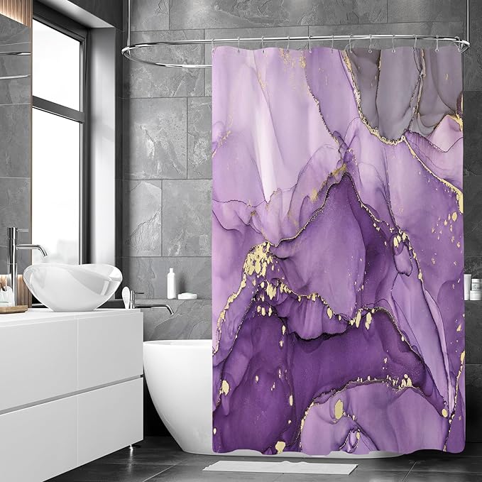 Purple Marble Shower Curtain, Modern Abstract Fabric Shower Curtains for Bathroom, Luxury Art Ink Texture Watercolor Shower Curtain Set with Hooks 72x72