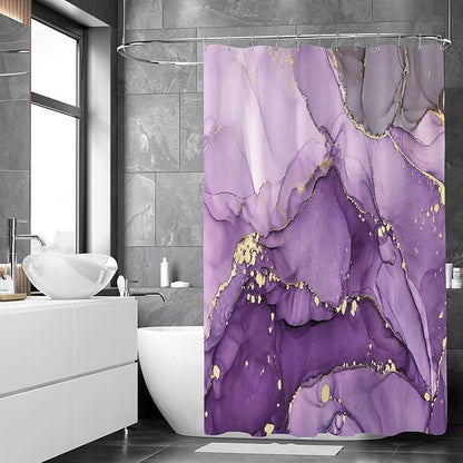 Purple Marble Shower Curtain, Modern Abstract Fabric Shower Curtains for Bathroom, Luxury Art Ink Texture Watercolor Shower Curtain Set with Hooks 72x72