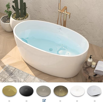 FerdY Tahiti 55" Acrylic Freestanding Bathtub, Elegant Oval Shape Soaking Bathtub, Glossy White, Brushed Nickel Drain & Integrated Slotted Overflow Assembly Included cUPC Certified