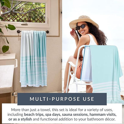 Maisonette Turkish Bath & Beach Towels - 2 Pack (36"x71"), Quick-Dry Cotton Peshtemal for Bath, Beach, Travel, Absorbent, Lightweight, Bathroom, Hammam, and Spa Towels with Eyelash Fringe, Blue (Aqua)