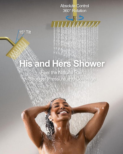 Thermostatic Shower System, Dual Rainfall Shower Heads for Ceilling & Wall Mounted with Handheld Sprayer, Brushed Gold