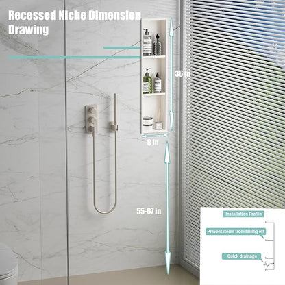 Narrow Shower Niche with Shelf，Stainless Steel recessed Wall Niche ，Three-Tier Shelves with Bathroom Storage/Remodel， Matte White （ 8"x 36"）