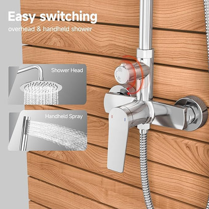 Rainsworth Outdoor Shower Kit Chrom - Single Handle Brass Valve, 8 Inch Rain Shower Head and Handheld Spray Shower Fixture Combo, 304 Stainless Steel Wall Mount