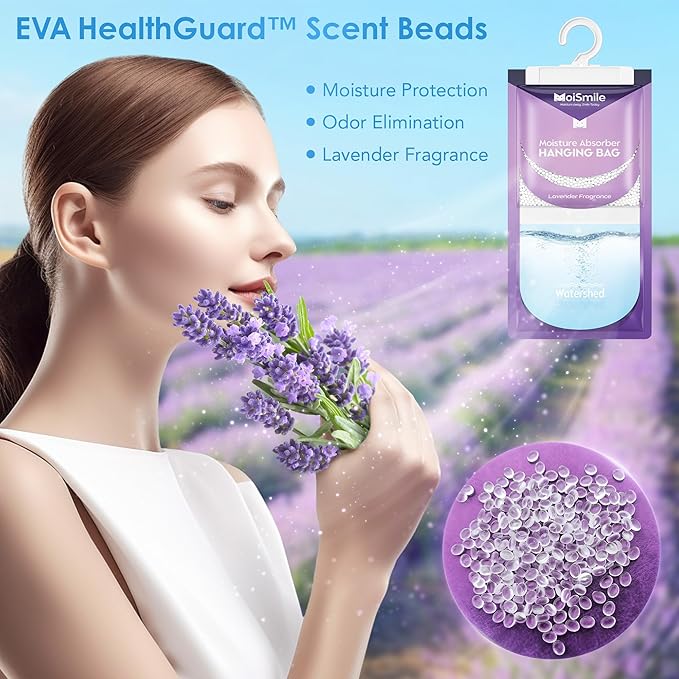 Moisture Absorbers 20 Pack Lavender Fragrance, Hanging Closet Dehumidifier Bags, Humidity Absorber, Compact Eliminates Odors Humidity Packs for Car, Bathroom, Bedroom, Basement, 9.8OZ