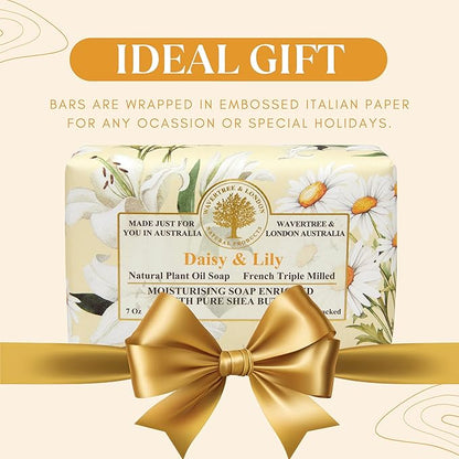 Wavertree & London Daisy & Lily Scented Natural Soap (2 Bars), 7oz Moisturizing French Triple Milled Soap Bars enriched with shea butter - Pure Plant Based Bath & Body Bars for All Skin Types