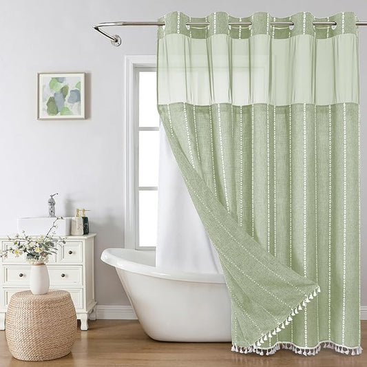 Sage Green Farmhouse No Hook Shower Curtain Set with Snap-in Fabric Liner,Boho Heavy-Duty Linen Textured Rustic Striped Design,Water-Repellent with Tassels and Sheer Window,71x74