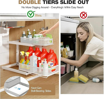 2-Pack Under Sink Storage Organizer with 2-Tier Slide Out Drawer, Sophisticated Mesh Pull Out Shelf for Kitchen & Bathroom, Fits Small Items, Upgraded Arched Track for Smooth Gliding-Gun Gray