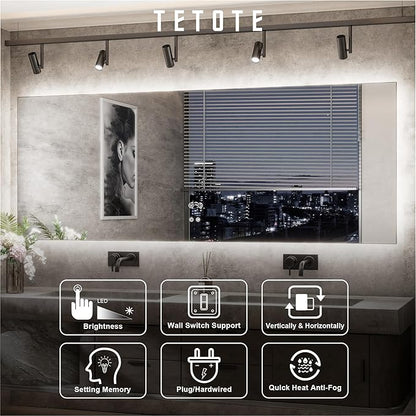 TETOTE 55 x 30 Inch LED Mirror Backlit Bathroom,Anti-Fog Mirror with Light,Dimmable,CRI90+,IP54 Water Proof,Wall Mounted Vanity Lighted,Horizontal/Vertical