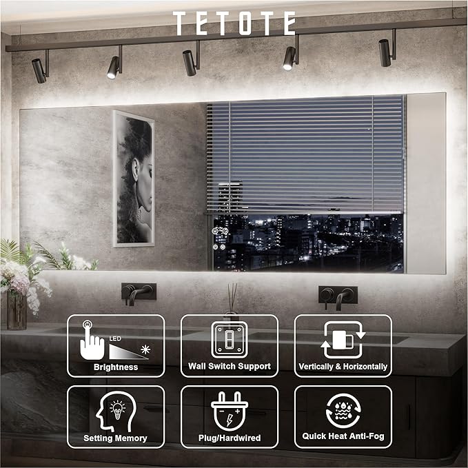 TETOTE 42 x 36 Inch LED Mirror Backlit Bathroom,Anti-Fog Mirror with Light,Dimmable,CRI90+,IP54 Water Proof,Wall Mounted Vanity Lighted,Horizontal/Vertical