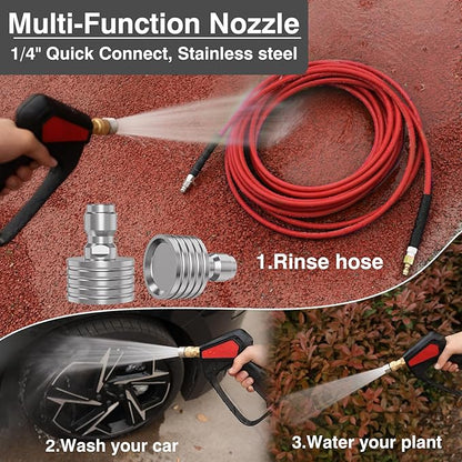 Sewer Jetter Kit 200FT for Pressure Washer, 5800 PSI Drain Cleaner Hose 1/4 Inch NPT with Spray Nozzle, Button Nose and Rotating Sewer Jetting Nozzle, Spanner Teflon Tape Pearl Corsage Pin