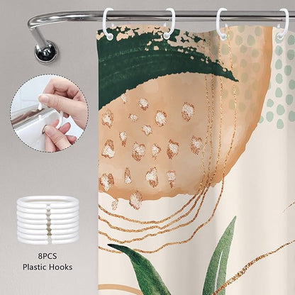 Boho Shower Curtain 48Wx72H Small Stall Narrow Abstract Mid Century Tropical Green Leaves Plant Palm Modern Geometric Arch Bathroom Decor Botanical Bath Curtain Fabric Polyester 8 Pack Hooks
