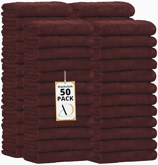 Ample Decor Wash Cloths Pack of 50 12 X 12 Inch 100% Cotton 600 GSM,Soft Absorbent, Machine Washable Face Towels, Oeko Tex Certified Reusable Fingertip Towels for Bathroom, Hotel, Gym, Spa - Brown