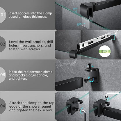 Frameless Shower Door Support Bar, Stainless Steel Wall-to-Glass Support Arm to Fixed Shower Glass Panel, for 1/4"-3/8" (6-10 mm) Door, 180° Pivot & Stow-Flat Mode (Matte Black, 15.8-inch(400mm))