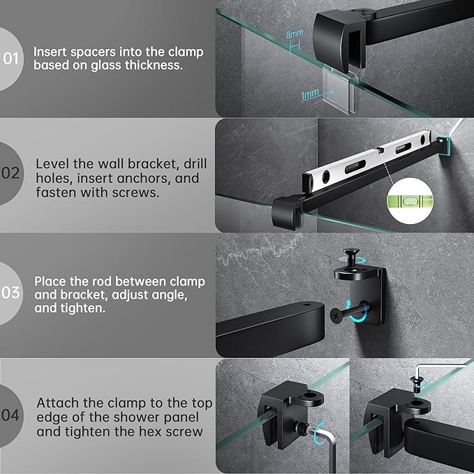 Frameless Shower Door Support Bar, Stainless Steel Wall-to-Glass Support Arm to Fixed Shower Glass Panel, for 1/4"-3/8" (6-10 mm) Door, 180° Pivot & Stow-Flat Mode (Matte Black, 27.6-inch(700mm))