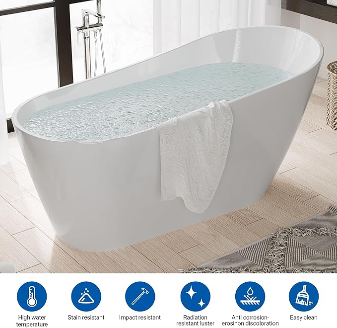 67'' Acrylic Freestanding Bathtub, Deep Soaking Tub, Non-Slip Upright Bathtub for Adults, cUPC Certified Bath, Chrome Drain, Modern, Bathroom, Scratch Resistant White Tub