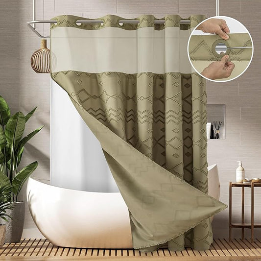 No Hooks Shower Curtain with Snap-in Liner, Taupe Boho Fabric Tufted Chevron Striped Textured Shower Curtains for Bathroom, Water Repellent Hotel Quality Luxury Shower Curtain, 72Wx74H