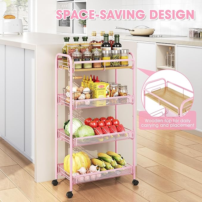 TOOLF 4-Tier Rolling Cart, Metal Utility Cart, Slide Out Storage Cart with Wooden Tabletop and Mesh Baskets, Easy Assemble Trolley for Kitchen Bathroom Laundry Room Bedroom Apartments Dormitory