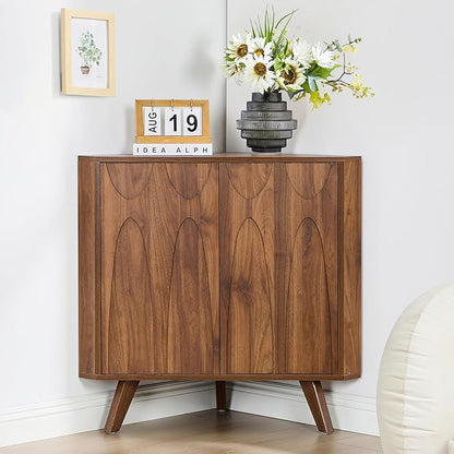 Small Corner Cabinet,Corner Floor Cabinet with Adjustable Doors and Shelve, Freestanding Narrow Storage Organizer for Kitchen Living Room Bathroom (Walnut)
