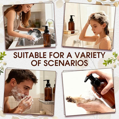 Uiifan 16 Pcs 10 oz Amber Foaming Soap Dispenser Refillable Foam Pump Bottle Liquid Plastic Container for Kitchen Bathroom Commercial Concentrated or Regular Shampoo Body Wash Dish Liquid Soap