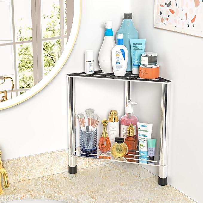 Stainless Steel Shower Stool for Inside Shower, 15.4'' H Shower Foot Rest, Corner Shower Stool with Storage Shelf, Shower Step for Shaving Legs, Bathroom Corner Shower Bench, Silver