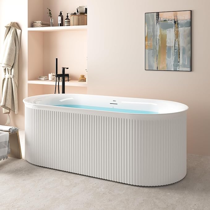 FerdY Nami 67" Acrylic Freestanding Bathtub, V Shape Freestanding Soaking Acrylic Bathtub, Modern White, cUPC Certified, Polished White Pop-Up Drain