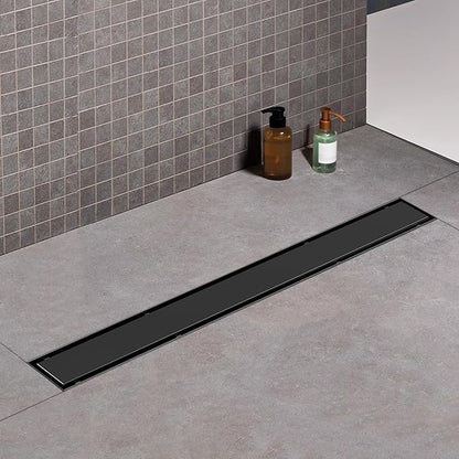 Offset Linear Shower Drain, Black Shower Drain 36 inch with 2-in-1 Tile Insert Cover, Brushed 304 Stainless Steel Side Outlet Black Shower Floor Drain with Hair Catcher and Adjustable Feet