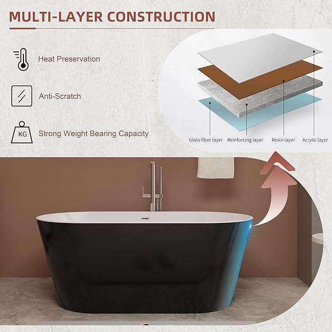 Black 59 inch Freestanding Soaking Bathtub, WHALEKING Modern Stand Alone Free Standing Acrylic Tub with Center Drain & Overflow