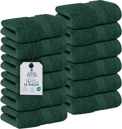 DAN RIVER 12-Pack Premium 100% Cotton Huntergreen Face Towels – Reusable Face Towel Set, Soft & Absorbent Cleaning Rags for Bathroom & Body – Hand and Face Towels, 550 GSM (12x12 in)