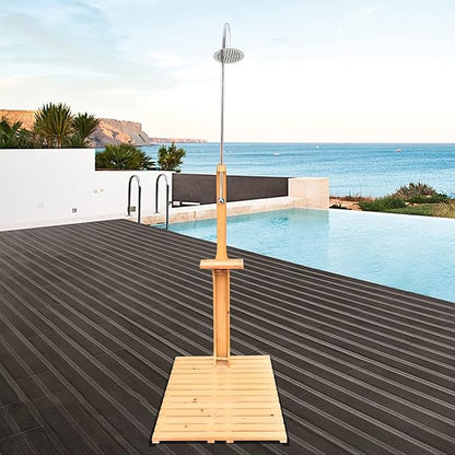 Outdoor Shower, Solid Wood Outdoor Shower and Steel Construction Height-Adjustable Shower Head, Connect Easily to Any Hose, Easy to Assemble Outdoor Shower Kit for Garden, Backyard, Pool