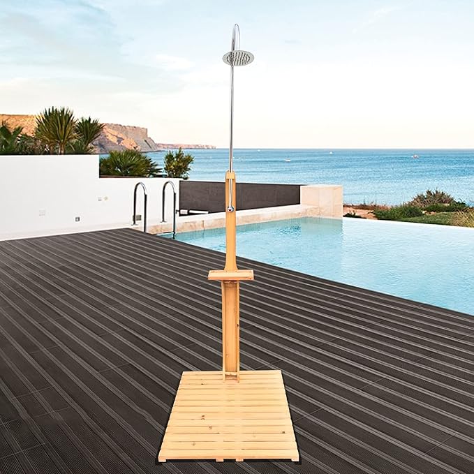 Outdoor Shower Kit Portable Wood Outdoor Garden Pool Shower with Chassis Board for Outdoor Backyard Poolside Beach Pool Spa,Wood