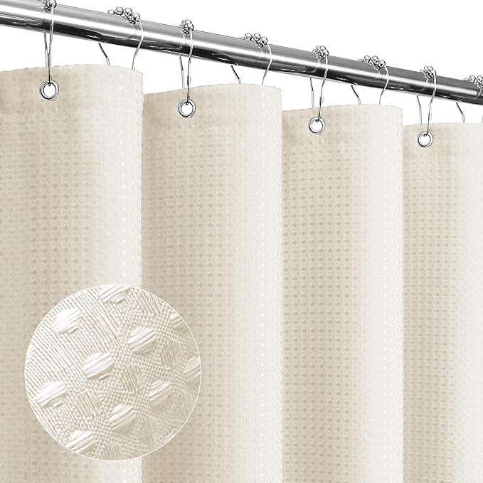 Gibelle Long Shower Curtain 72 x 78, Tall Waffle Weave Textured Fabric Shower Curtain for Bathroom, Water Repellent, Machine Washable, Ivory