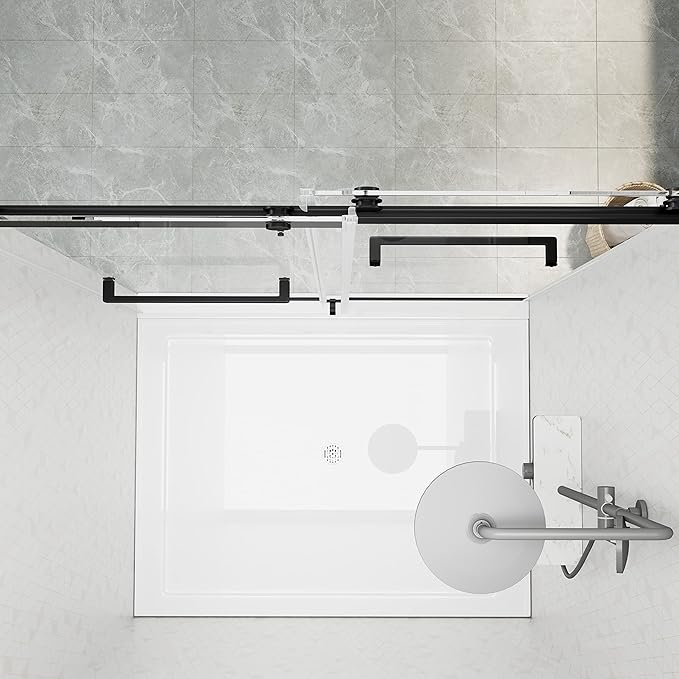 DELAVIN 44"-48"W x 75"H Frameless Shower Door, Double Sliding Shower Door, 5/16"(8mm) Clear Tempered Glass, Noiseless Shatterproof Shower Doors with Square Rail, Stainless Steel, Aluminum, Matte Black