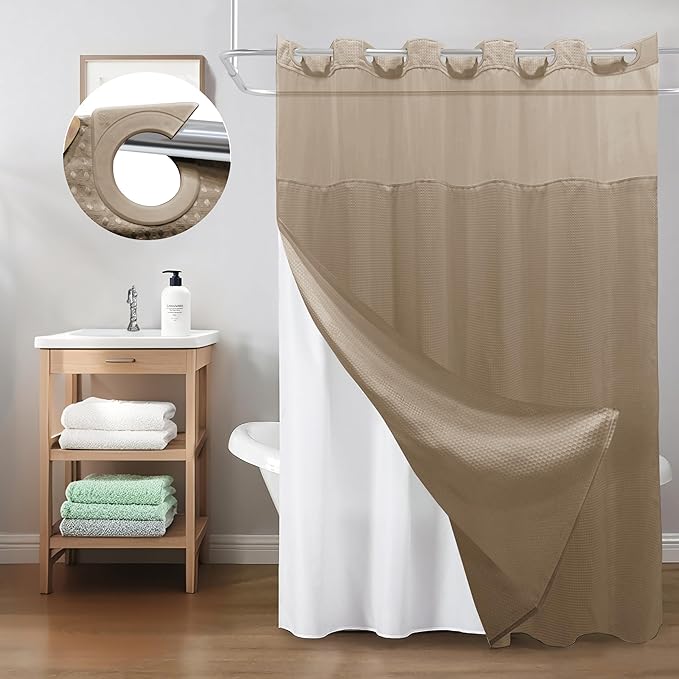 Inhousolu Extra Long No Hook Shower Curtain with Snap in Fabric Liner Set Waffle Weave 230GSM Weighted Hem, Waterproof & Washable Bathroom Curtain Spa Luxury with Mesh Top Window 72" W x 84" L Beige
