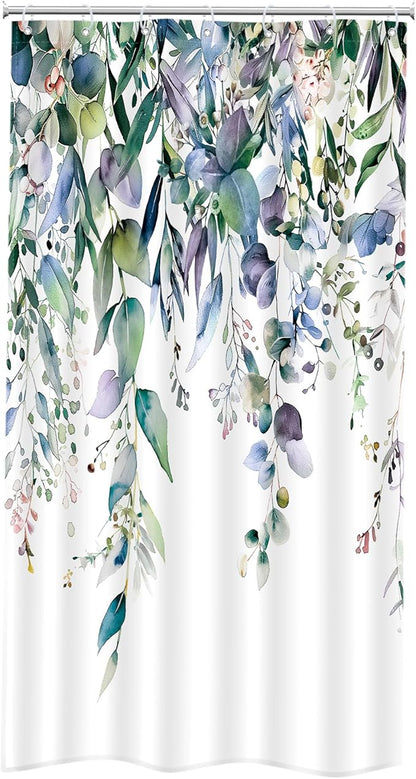 Riyidecor Small Stall Teal Eucalyptus Shower Curtain for Bathroom Decor 36Wx72H Green Leaves Plant Watercolor Floral Rustic Botanical Spring Art Printed Fabric Polyester Waterproof 7 Pack Plastic