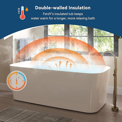 FerdY Maui 67" Acrylic Freestanding Bathtub, Contemporary Elegant Design Soaking Tub with Matte Black Drain and Minimalist Linear Design Overflow, Easy to Install
